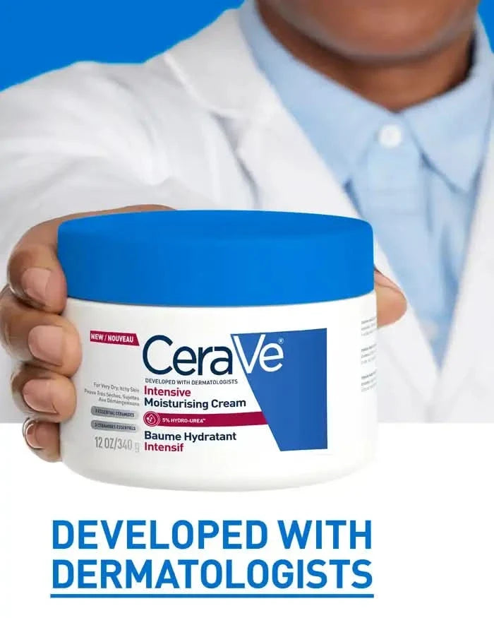 CeraVe Intensive Moisturising Cream 340g tub with blue lid held by person in white coat, blue background, text reads "Developed With Dermatologists"