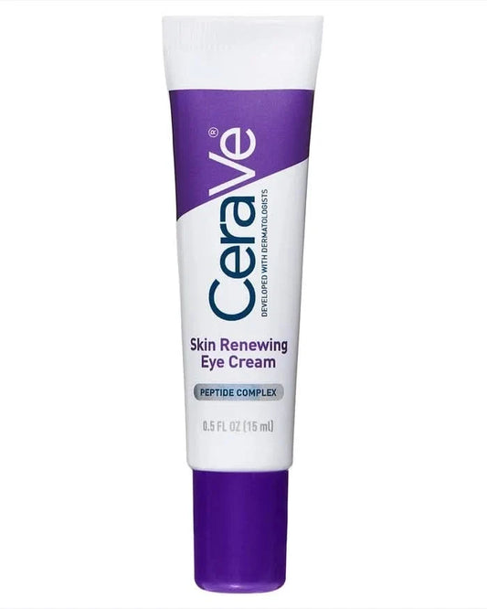 CeraVe Skin Renewing Eye Cream 15ml tube with purple and white design, Peptide Complex, 0.5 FL OZ, on white background.