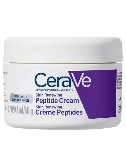 CeraVe Skin Renewing Night Cream 48ml white jar with purple label, reading "Peptide Complex, Skin Renewing Peptide Cream" on white background.