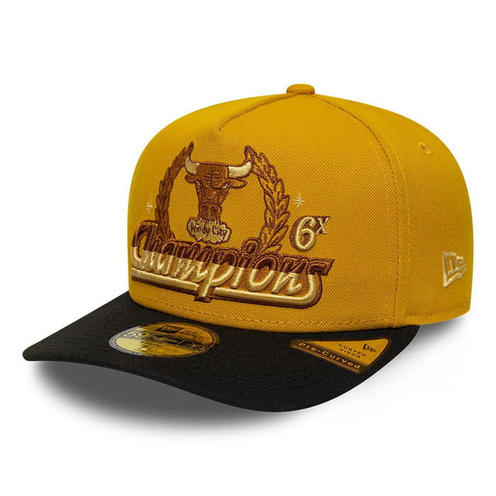 Pictured is this NBA Chicago Bulls 59FIFTY A-Frame Fitted cap in gold & black. 1