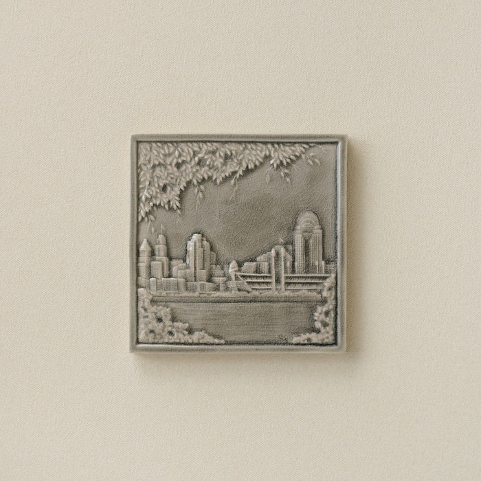 Gray Rookwood City Scene art tile featuring the Cincinnati skyline, unframed