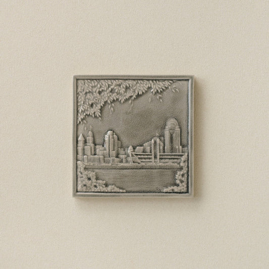 Gray Rookwood City Scene art tile featuring the Cincinnati skyline, unframed