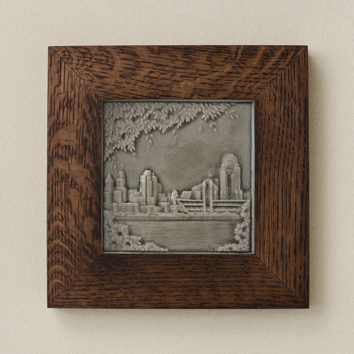 Rookwood Cincinnati Skyline City Scene art tile in a dark walnut wood frame