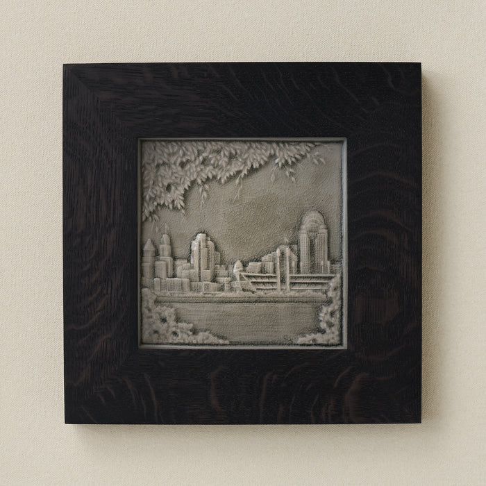 Rookwood Cincinnati Skyline City Scene art tile in a black ebony wood frame