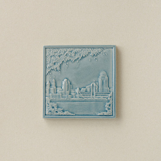 Blue Rookwood City Scene art tile featuring the Cincinnati skyline, unframed