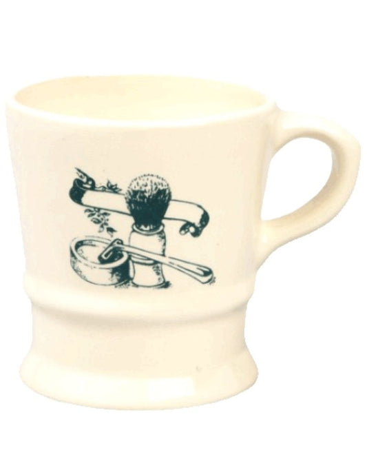 Cream-colored ceramic shave mug with a vintage illustration of a shaving brush, soap, and razor, designed for traditional wet shaving, SKU: CCONK115A