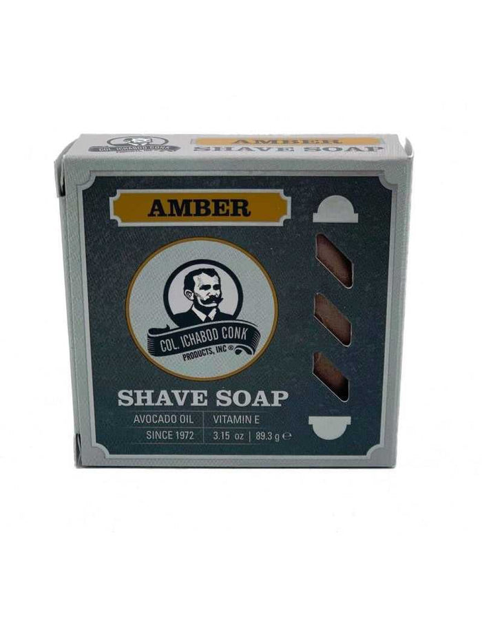 Amber shave soap box with Colonel Conk logo and product details