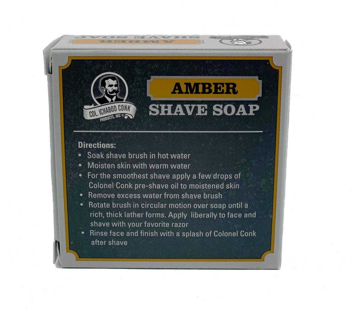 Back of Amber shave soap box with usage instructions and ingredients