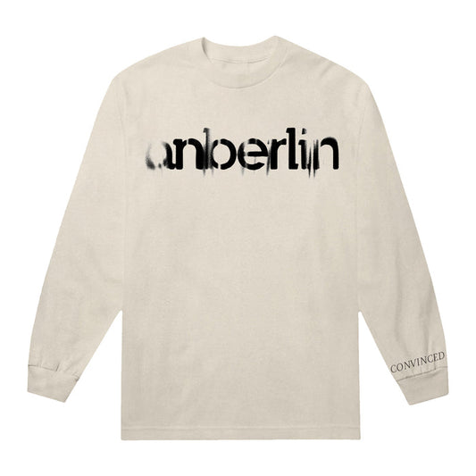 Anberlin Convinced Natural Long Sleeve. the word "Anberlin" printed in faded black text on the front chest. the word "Convinced" printed along the left cuff of the garment in black.