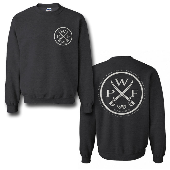 A black Glass Cloud crewneck sweatshirt featuring a small circular WPF logo on the front left chest and a larger matching logo with crossed glassblowing tools and Glass Cloud text on the back.