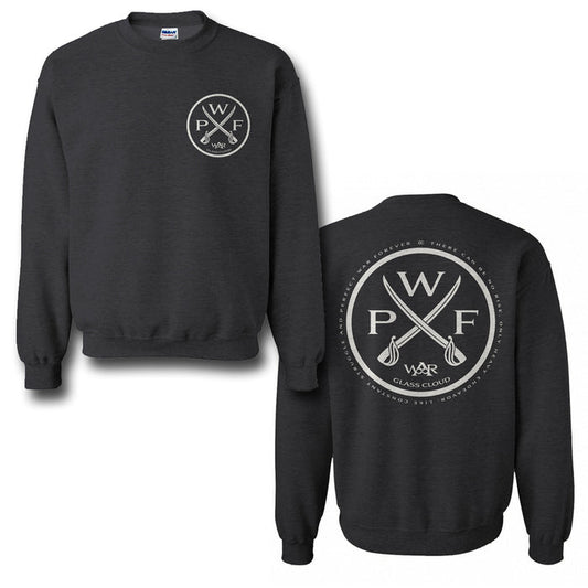 A black Glass Cloud crewneck sweatshirt featuring a small circular WPF logo on the front left chest and a larger matching logo with crossed glassblowing tools and Glass Cloud text on the back.