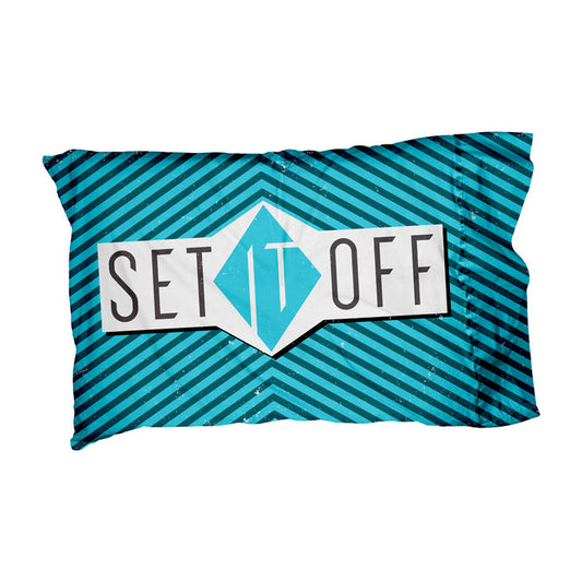 A Set It Off logo pillowcase with blue and black diagonal stripes and “SET IT OFF” boldly printed over a central geometric diamond.
