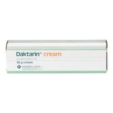 Daktarin Cream 30g tube with green stripe, white background, text reads "Daktarin cream, 30g cream, Janssen-Cilag"