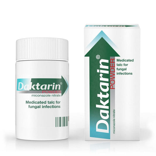 Daktarin Powder 20g white bottle and box, miconazole nitrate medicated talc for fungal infections, on white background