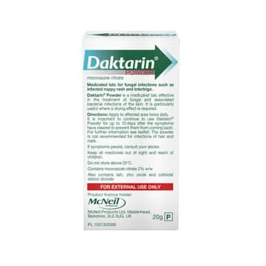 Daktarin Powder Original 20g green and white box back panel on white background showing usage directions and McNeil branding