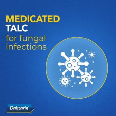 Daktarin Powder Original medicated talc for fungal infections graphic on blue background with white fungal icons in circle