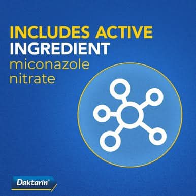 Daktarin Powder Original on blue background, text reads "Includes Active Ingredient miconazole nitrate" with molecular icon graphic.