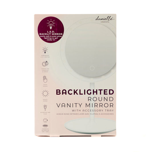 Danielle Creations Round LED Backlit Mirror box on white background, showing "Backlighted Round Vanity Mirror with Accessory Tray" packaging.