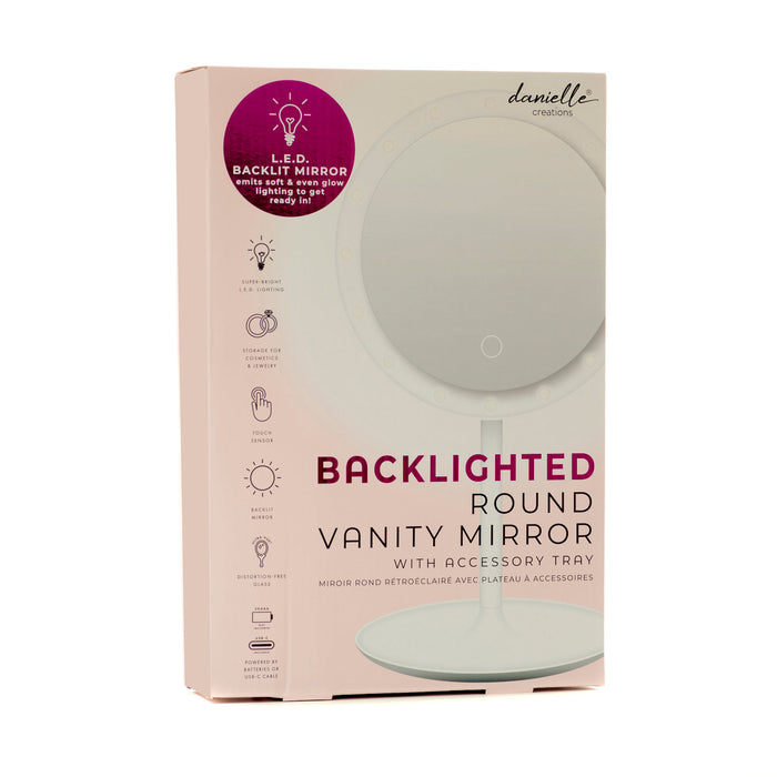 Danielle Creations Round LED Backlit Mirror box on white background, labelled "Backlighted Round Vanity Mirror With Accessory Tray"