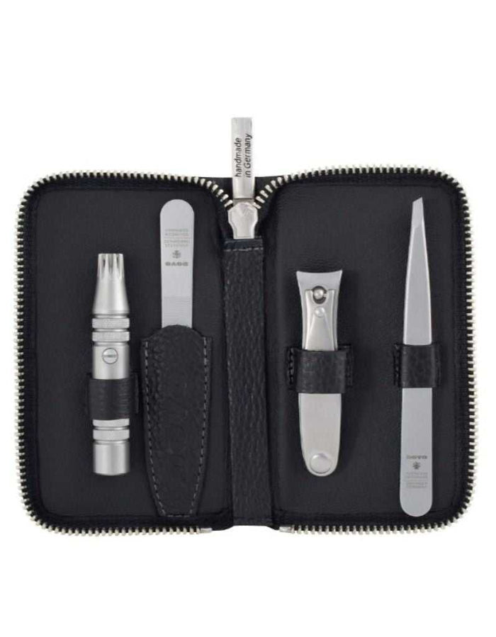 Dovo Manicure Set No.4 in black leather case with nail clippers, tweezers, nail file, and Klipette for grooming