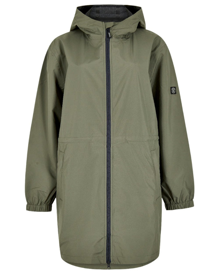 Kelp coloured Dubarry Womens Brookside Hooded Rain Mac on white background #colour_kelp