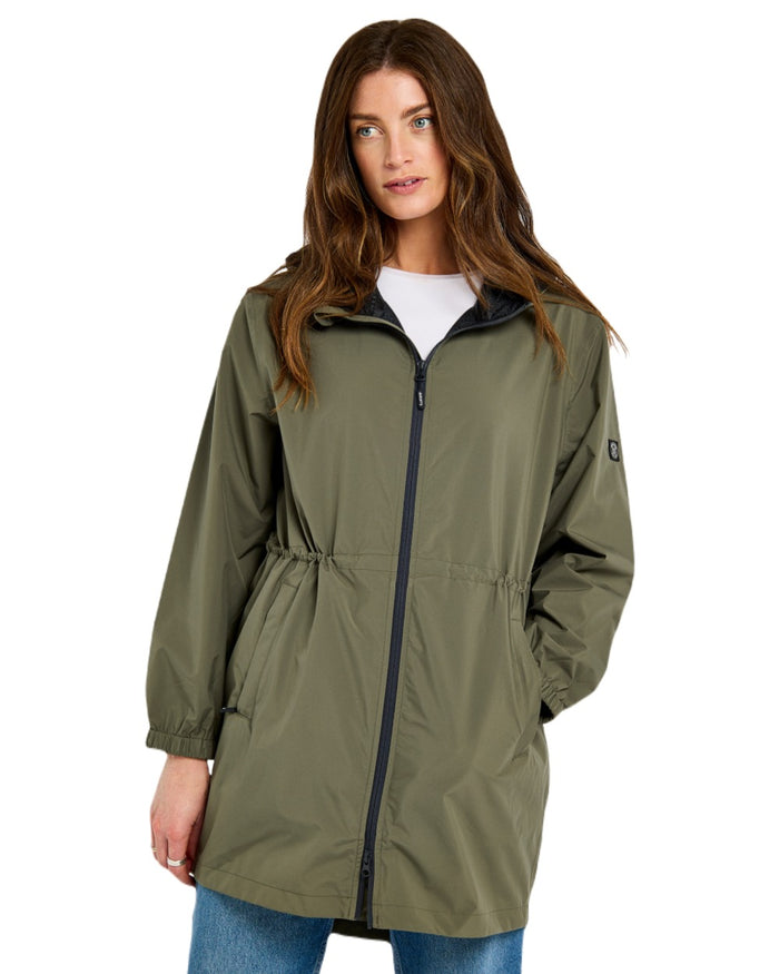 Kelp coloured Dubarry Womens Brookside Hooded Rain Mac on white background #colour_kelp