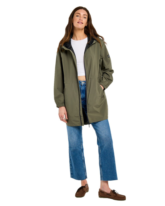 Kelp coloured Dubarry Womens Brookside Hooded Rain Mac on white background #colour_kelp
