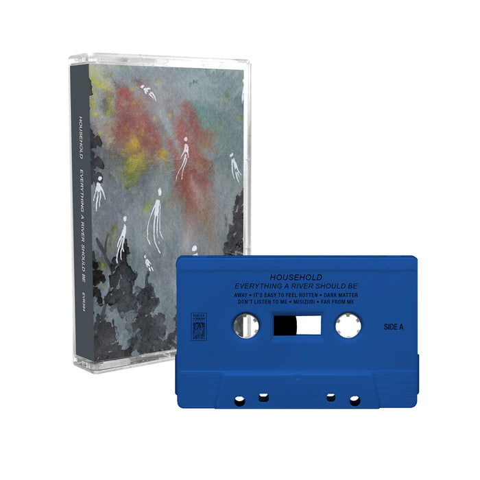A blue cassette tape from Household titled "EVERYTHING A RIVER SHOULD BE" is shown with its case, which displays abstract art featuring dark clouds, red and yellow hues, and blooming white figures on the cover.