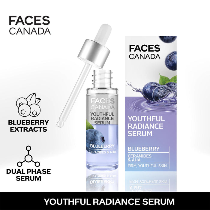 FACES CANADA Youthful Radiance Serum, 27 ml | Blueberry, AHA & Ceramides | Biphasic Face Serum | Anti-Ageing | Brightens, Hydrates, Moisturizes For Younger-Looking, Radiant Skin
