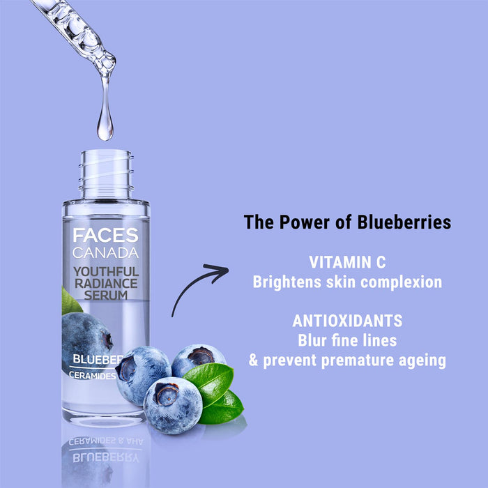 FACES CANADA Youthful Radiance Serum, 27 ml | Blueberry, AHA & Ceramides | Biphasic Face Serum | Anti-Ageing | Brightens, Hydrates, Moisturizes For Younger-Looking, Radiant Skin