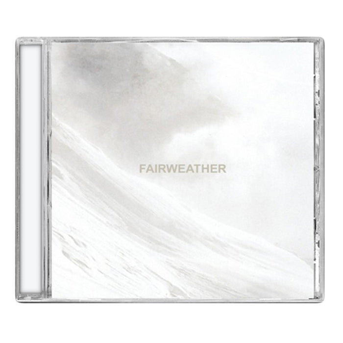 A CD case for the brand Fairweather features a minimalist cover with a pale, snowy mountain, soft muted tones, and FAIRWEATHER in light gray, centered text—evoking Alaska’s serene landscapes with a calm, understated style.