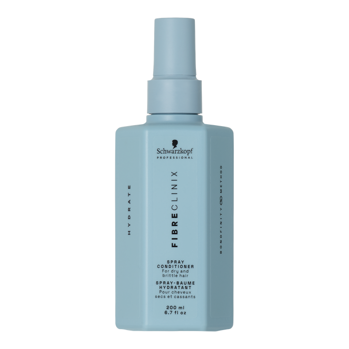 Fibre Clinix Hydrate Spray Conditioner in a light blue bottle on a white background