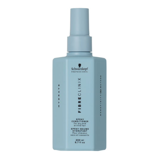 Fibre Clinix Hydrate Spray Conditioner in a light blue bottle on a white background