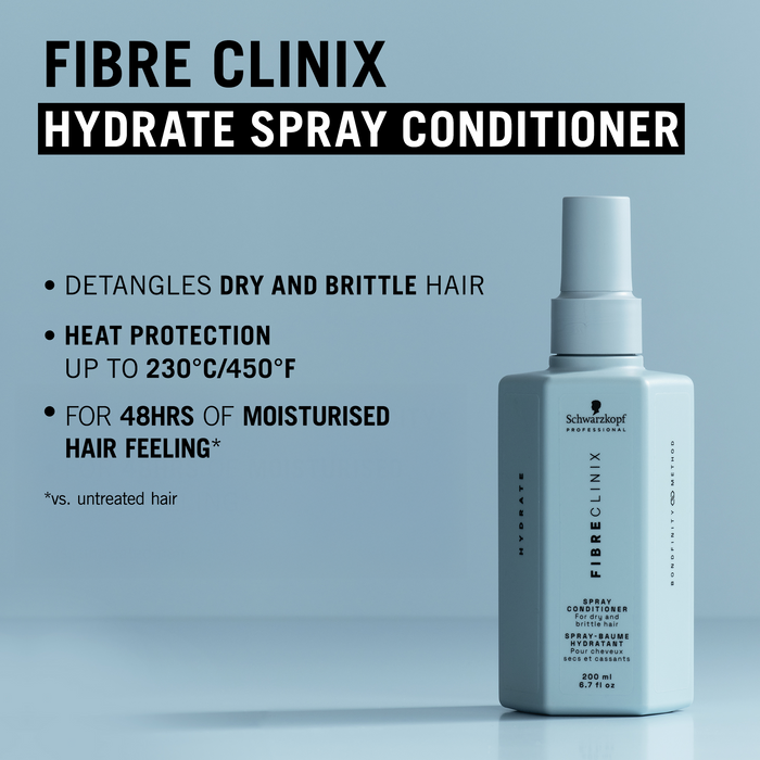 Fibre Clinix Hydrate Spray Conditioner bottle with hydration benefit text for dry and brittle hair on a light blue background