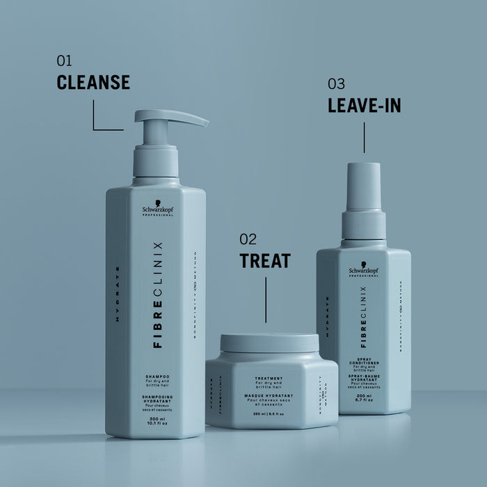 Fibre Clinix Hydrate shampoo, treatment masque, and spray conditioner shown as a three-step hair care routine.