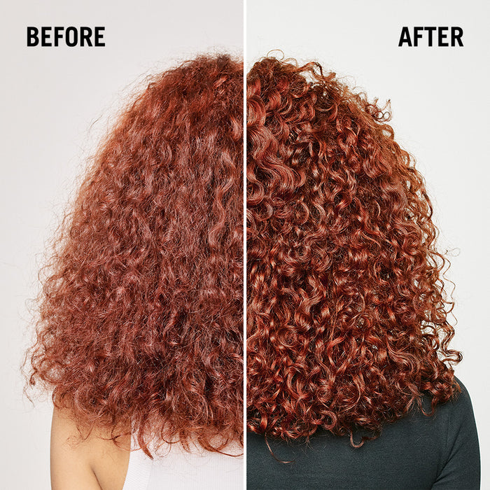 Before and after comparison of curly hair with a neutral background
