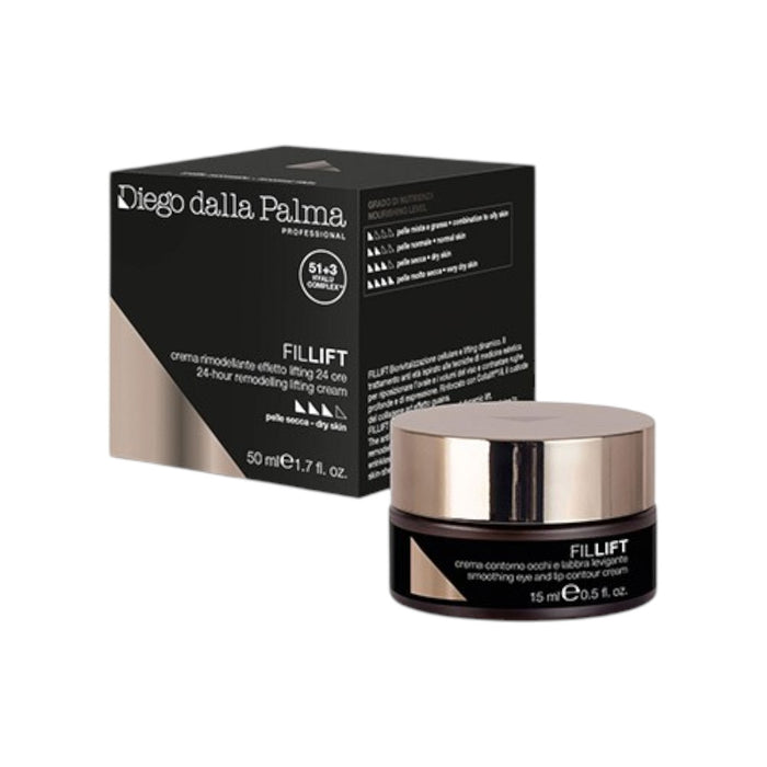 FilLift Smoothing Eye and Lip Contour Cream 30ml by DDP in a black and gold pot next to matching box.