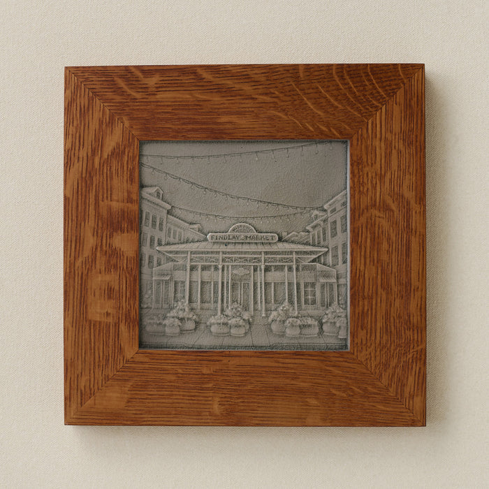 Rookwood Findlay Market City Scene art tile in a golden oak wood frame