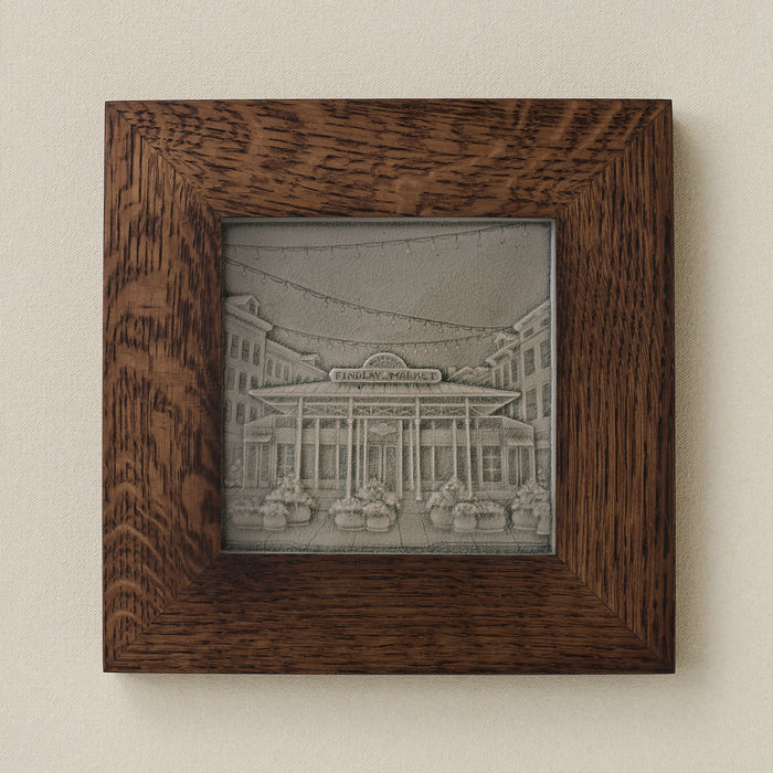 Rookwood Findlay Market City Scene art tile in a dark walnut wood frame