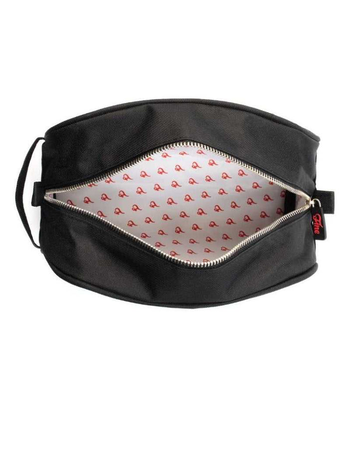 Open black toiletry bag with red logo interior pattern