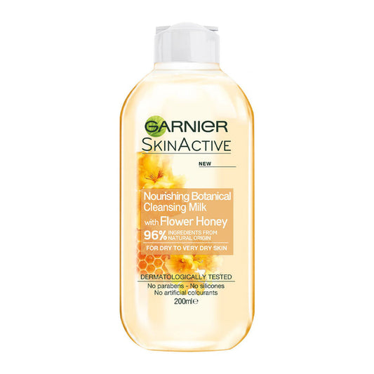 Garnier Cleansing Milk with flower honey and 96% natural ingredients to gently cleanse and nourish dry to very dry skin