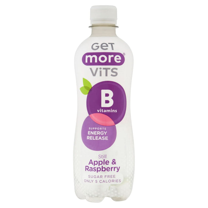 Get More Vits B Vitamins Still Apple & Raspberry 500ml clear bottle, purple label, "Sugar Free Only 5 Calories", white background