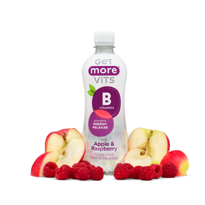 Get More Vits B Vitamins Still Apple & Raspberry 500ml bottle with fresh apples and raspberries on white background