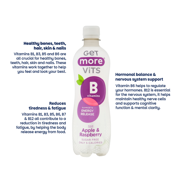 Get More Vits B Vitamins Still Apple & Raspberry 500ml bottle on white background, labelled Sugar Free, Only 5 Calories, Supports Energy Release.