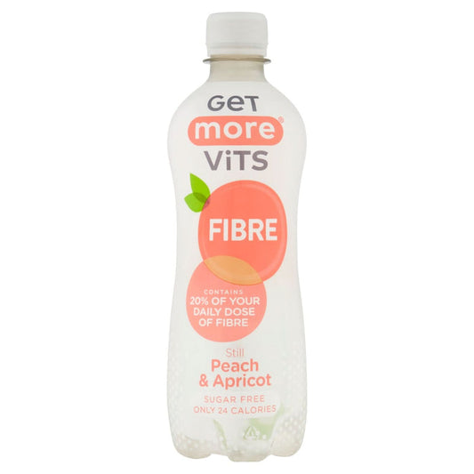 Get More Vits Fibre Still Peach & Apricot 500ml clear bottle on white background, labelled sugar free, 24 calories, 20% daily fibre
