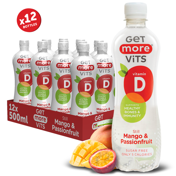 Get More Vits Vitamin D Still Mango & Passionfruit 12x500ml bottles on white background with mango and passionfruit fruits
