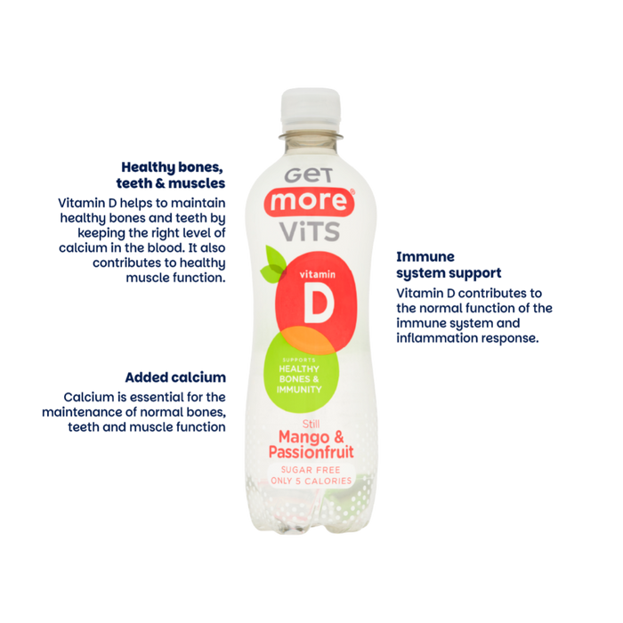 Get More Vits Vitamin D Still Mango & Passionfruit 500ml bottle on white background, labelled sugar free, 5 calories.