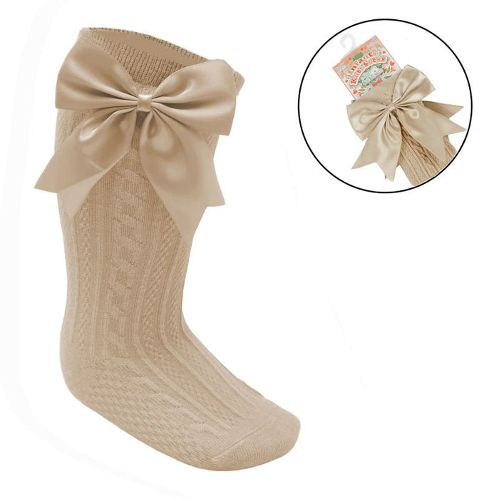 Girls Knee High Bow Socks Camel