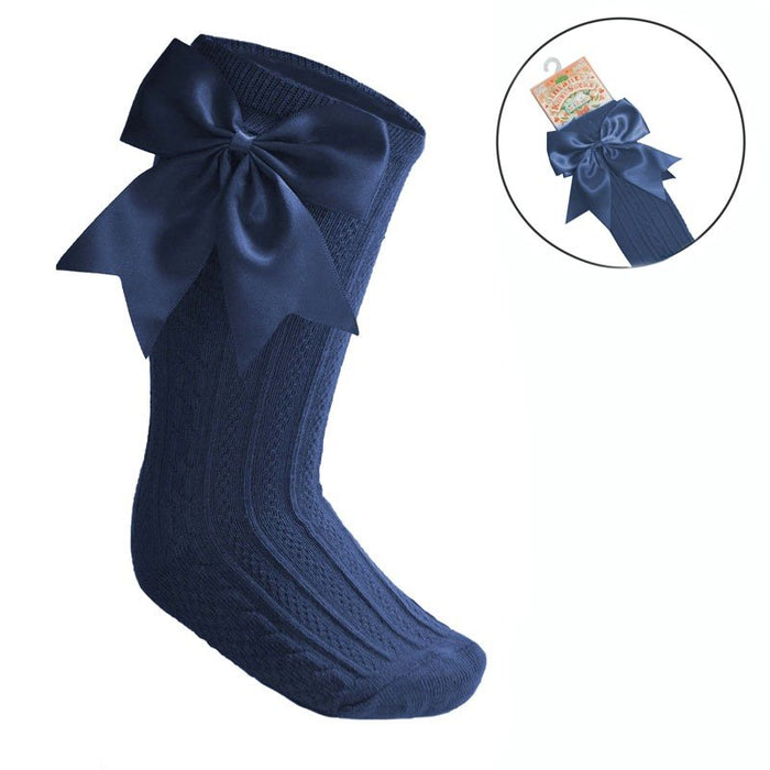 Girls Knee High Bow Socks Steel Blue