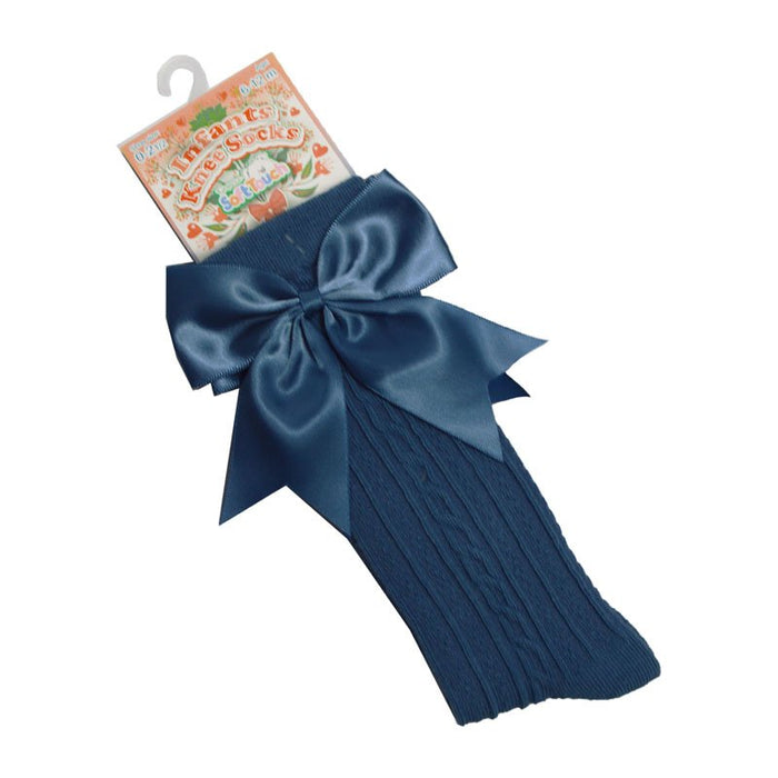 Girls Knee High Bow Socks Steel Blue
